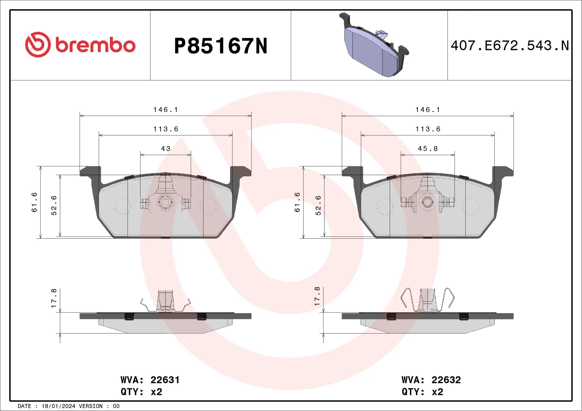 Pastilha Brembo P85167N — foto oficial 1 do catálogo Brembo
